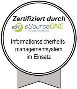 Siegel des Unternehmens eSourceONE, dass Qartis Solutions ein ISMS im Einsatz hat. Aufschrift "Zertifiziert durch eSourceONE. Informatiossicherheitsmanagementsystem im Einsatz".